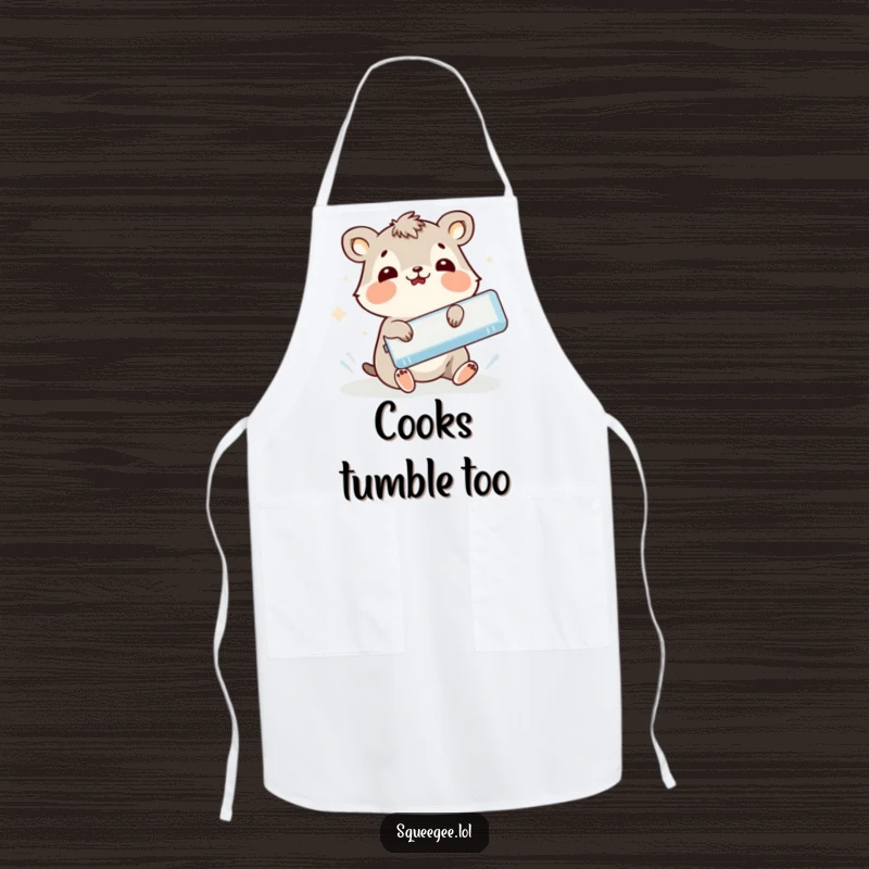 Funny animal comically slipping while holding a squeegee, durable apron for a funny gift.
