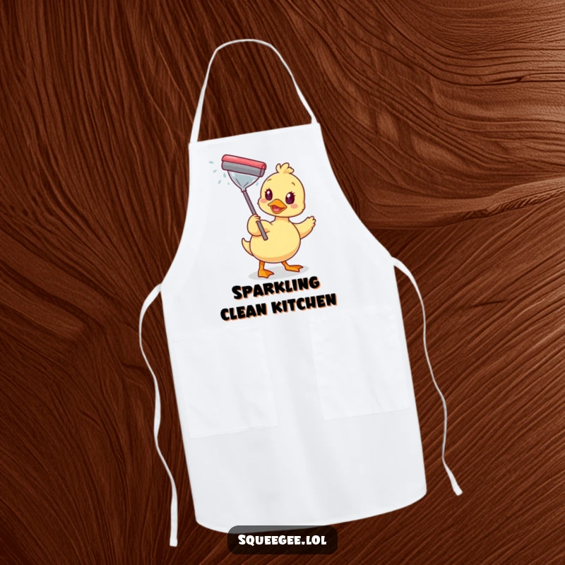 Funny apron showing a happy duck wiping a sparkling window with a squeegee, perfect for adding cheerful tidiness to cooking.