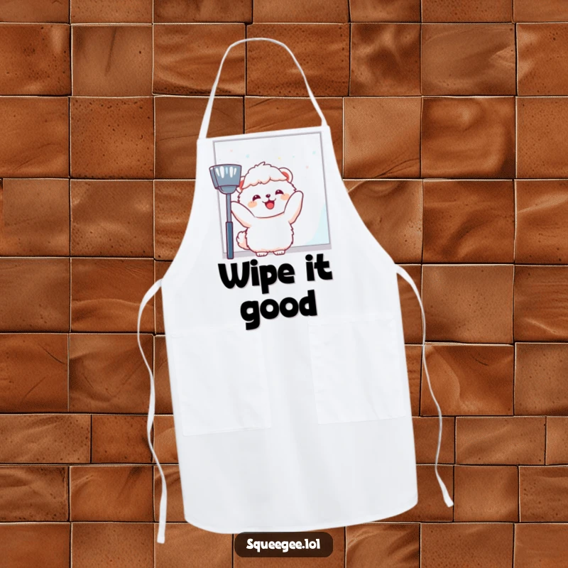 Funny fluffy animal joyfully wiping a large window pane, durable apron for a funny gift.