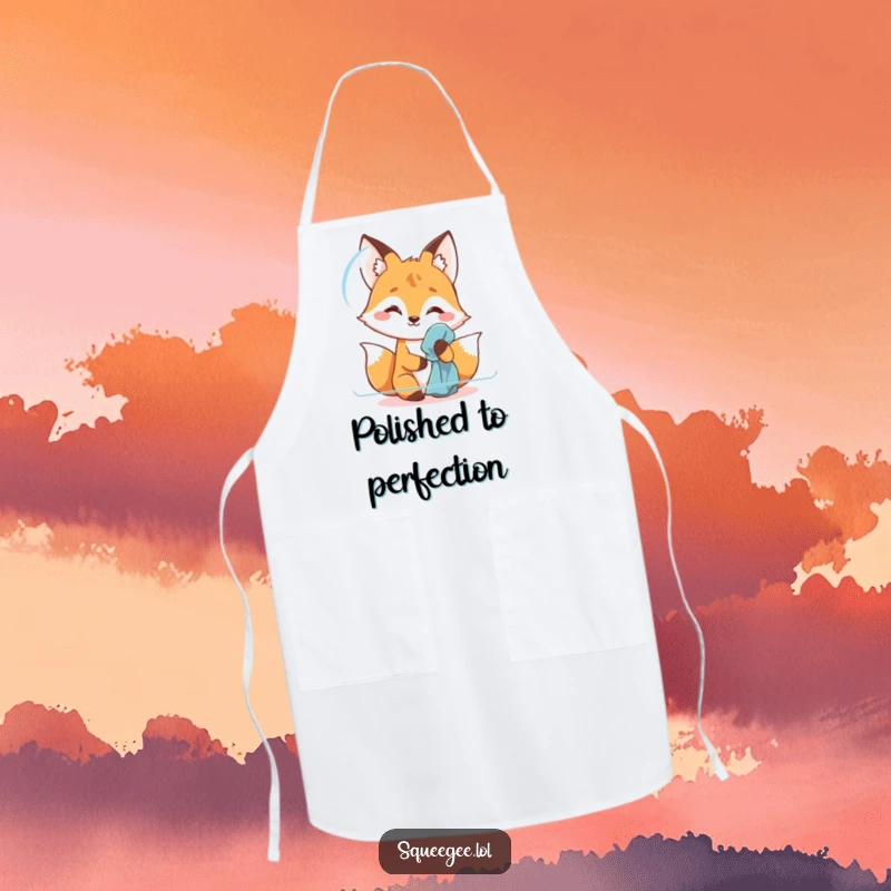 Funny fox apron, ready for kitchen duty, humorously polishing its surface, perfect for a clean cooking experience.