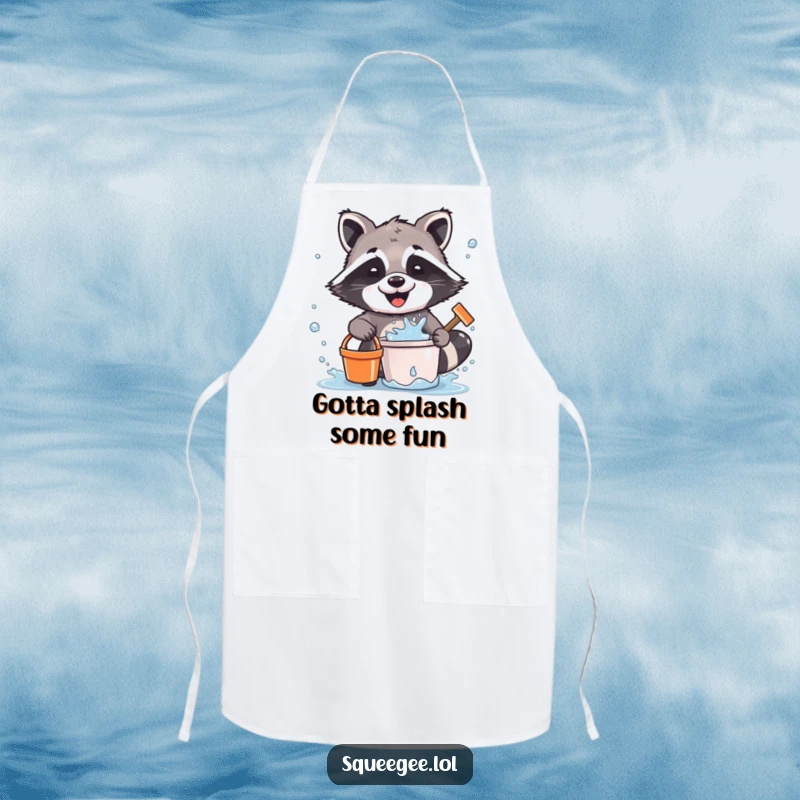 Funny Raccoon Apron: A happy raccoon splashes water energetically while cleaning, perfect for adding humor to kitchen activities.