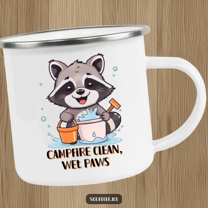 Funny Raccoon Camping Mug: A joyful raccoon happily splatters water while cleaning, adding a humorous and lively touch to your outdoor drinks.