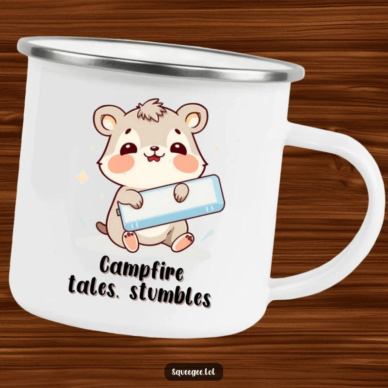 Funny animal comically slipping while holding a squeegee, sturdy camping mug for a funny gift.