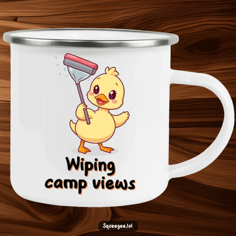 Funny camping mug showing a happy duck wiping a sparkling window with a squeegee, ready for outdoor adventures and cheer.
