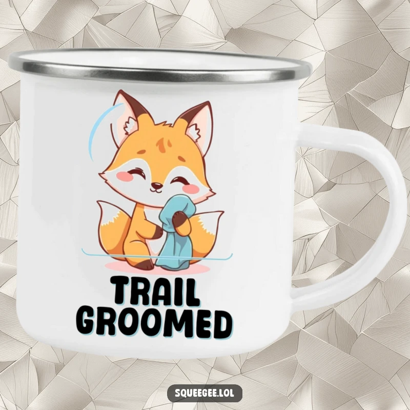 Funny fox camping mug, humorously polishing its enamel, ready for campfire stories and clean coffee.