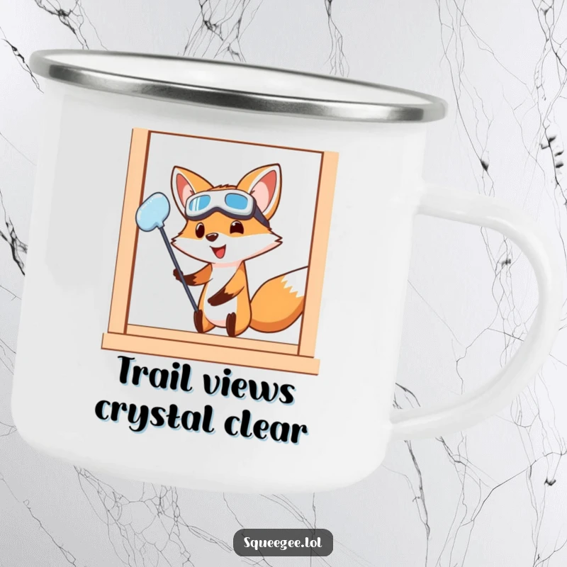 Funny Fox Camping Mug: A determined fox in goggles cleans a window with effort, adding a humorous touch to your outdoor drink experience.
