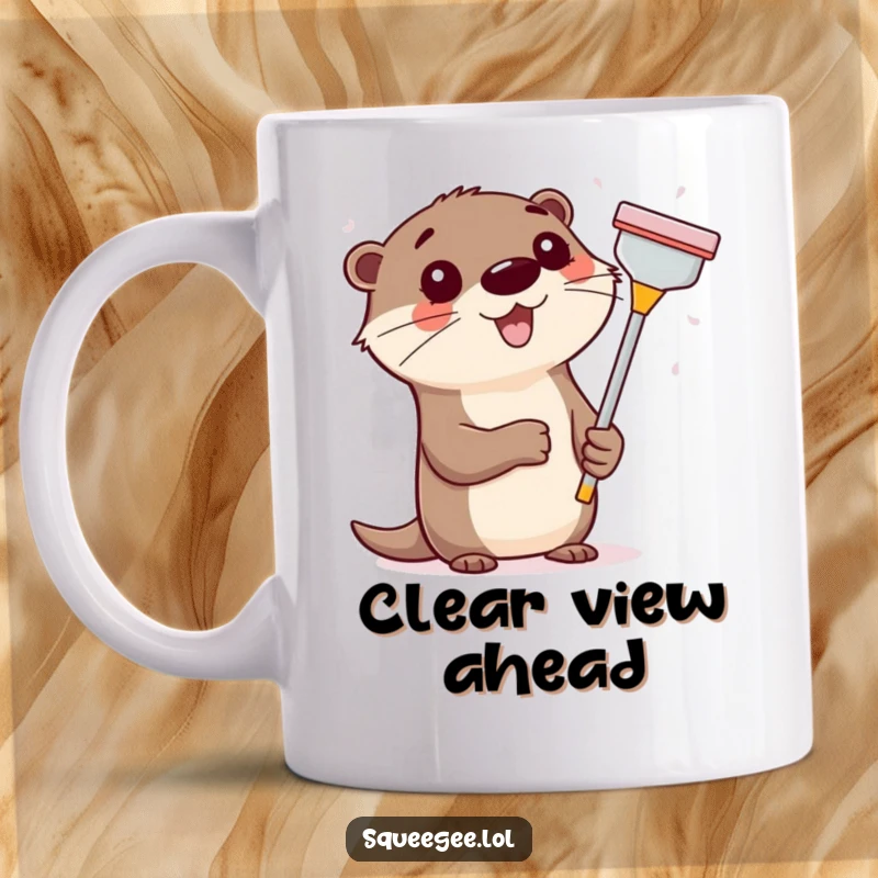 Funny happy otter joyfully holding a squeegee, enthusiastically wiping a sparkling clean window, a cute and humorous scene.