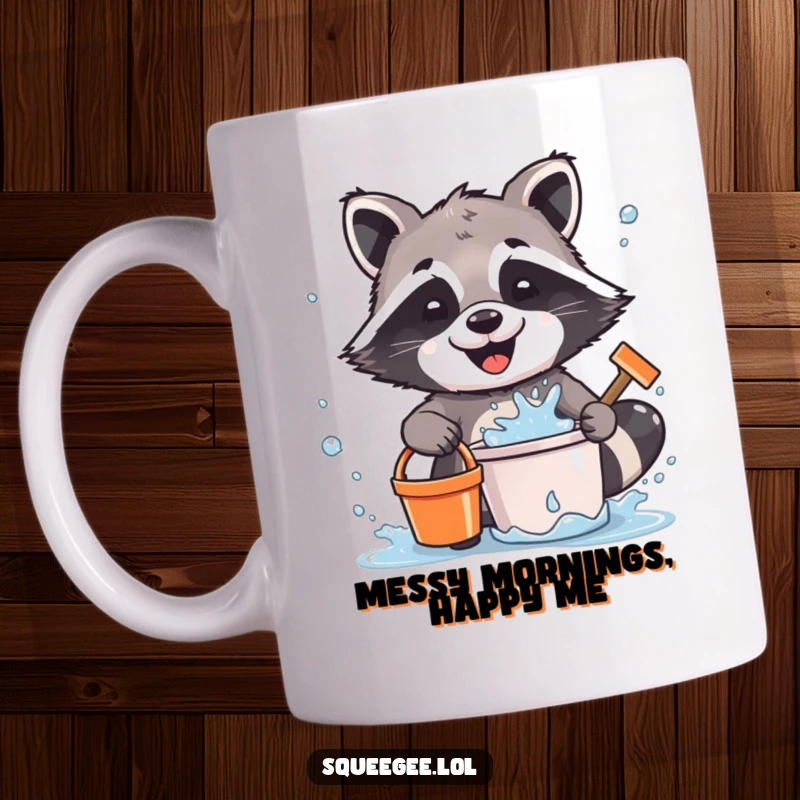 Funny Raccoon Cleaning Mug: A happy cartoon raccoon joyfully splashes water everywhere while cleaning with a bucket and squeegee, creating a delightful mess.