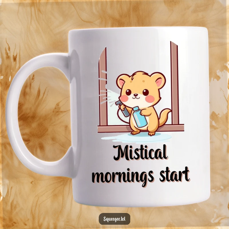 Funny small animal happily spraying cleaning liquid onto a window, a cheerful mug for clean vibes.