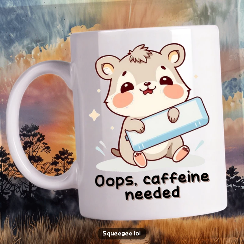 Funny animal comically slipping while holding a squeegee, a hilarious mug for cleaning fails.