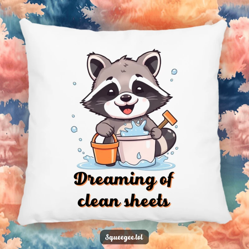 Funny Raccoon Pillow: A cute raccoon joyfully splashes water while cleaning, adding a touch of messy humor and comfort to any space.
