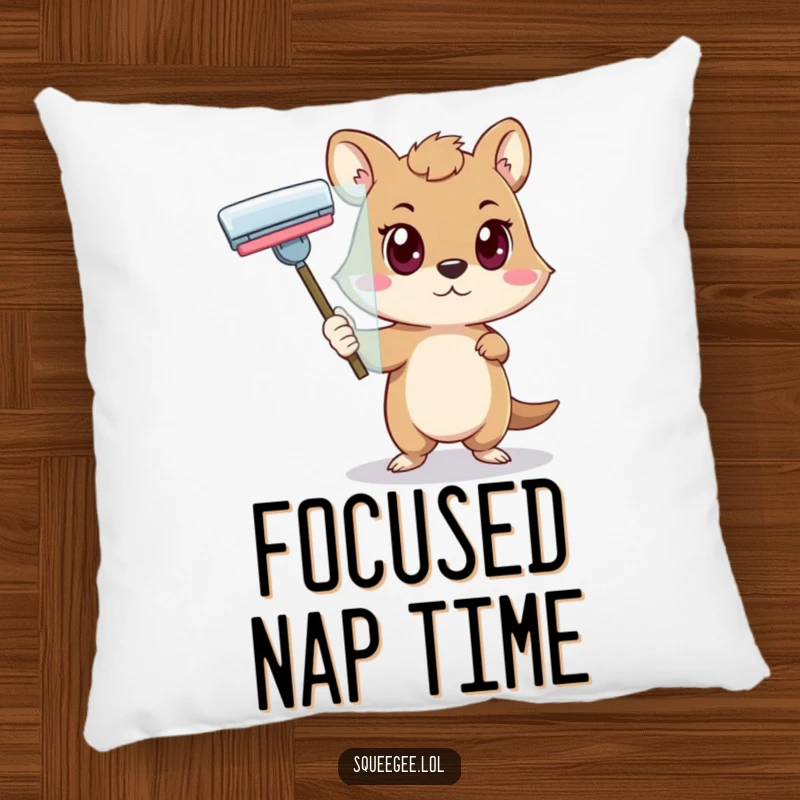 Funny animal with a determined look pushing a squeegee across glass, soft pillow for a funny gift.