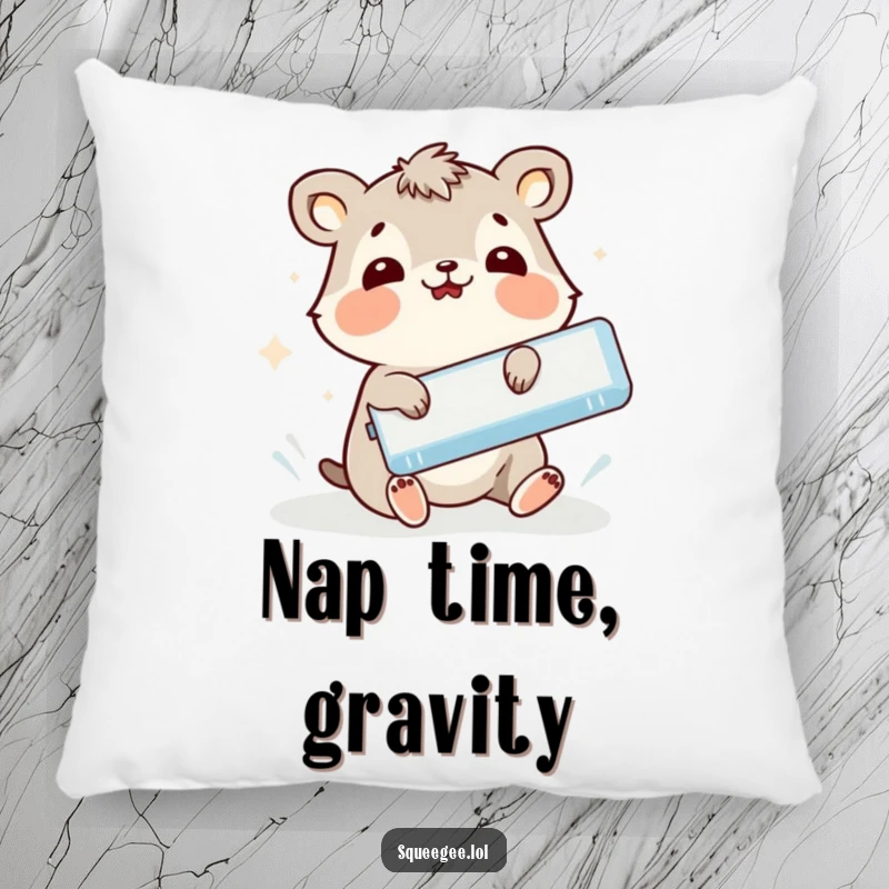 Funny animal comically slipping while holding a squeegee, a soft pillow for a funny gift.