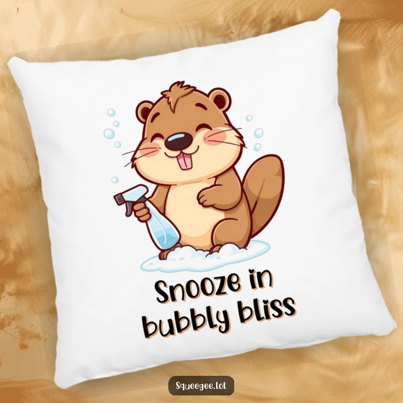 Funny cheerful beaver making bubbly suds with a spray bottle, a soft and humorous decorative pillow.