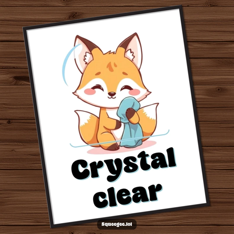 Funny fox digital art print, gleefully polishing, bringing a humorous and clean vibe to digital decor.