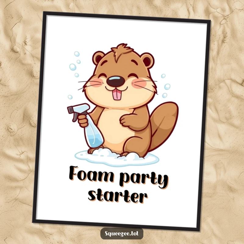 Funny cheerful beaver creating bubbly suds with a spray bottle, downloadable digital art print.