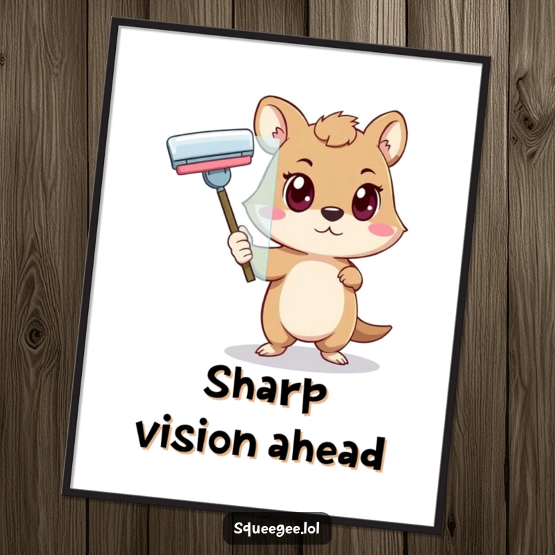 Funny animal with a determined look pushing a squeegee across glass, digital art print for a funny gift.