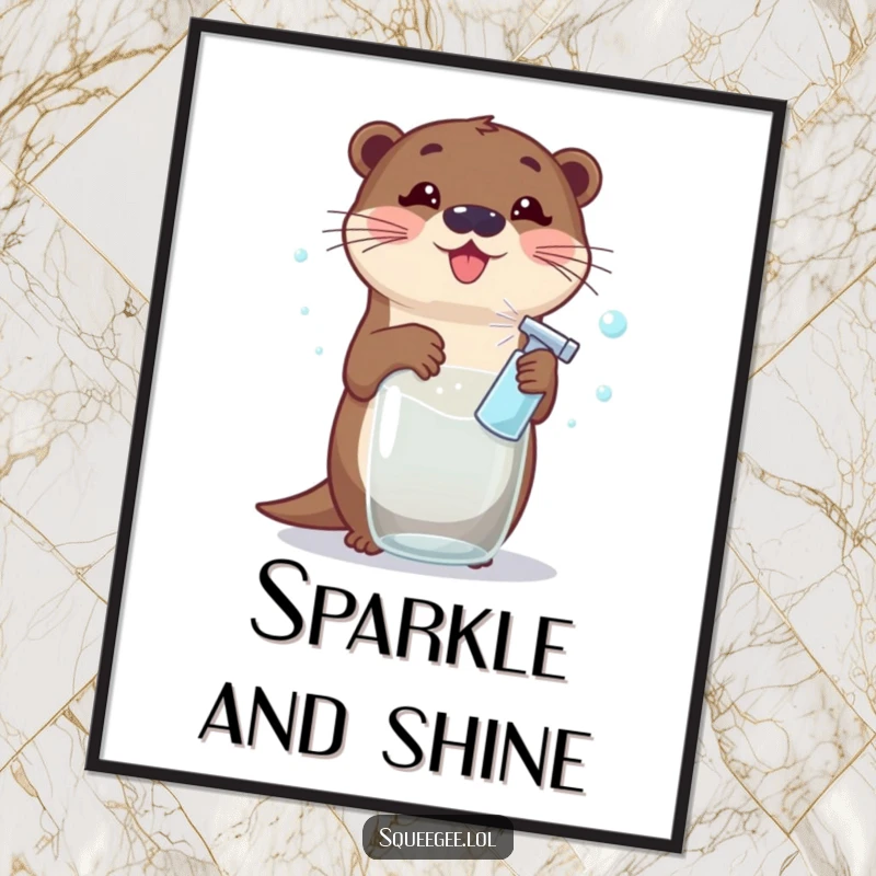 Funny Otter Digital Art: A cheerful cartoon otter sprays glass, creating a cascade of soap bubbles, a delightful and humorous cleaning scene for your walls.