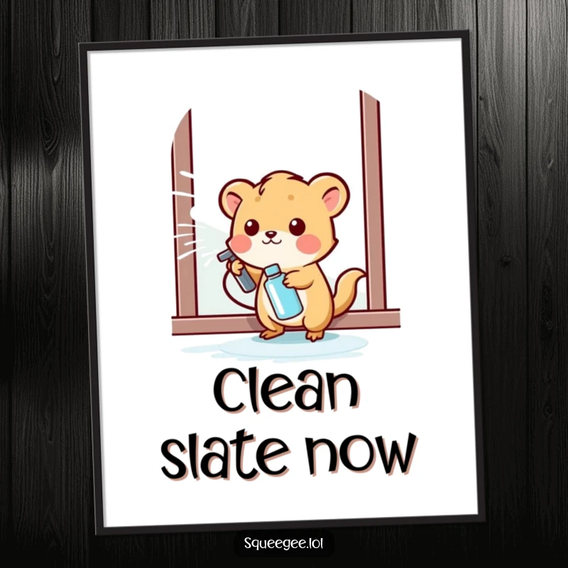 Funny small animal happily spraying cleaning liquid onto a window, digital art print for a funny gift.