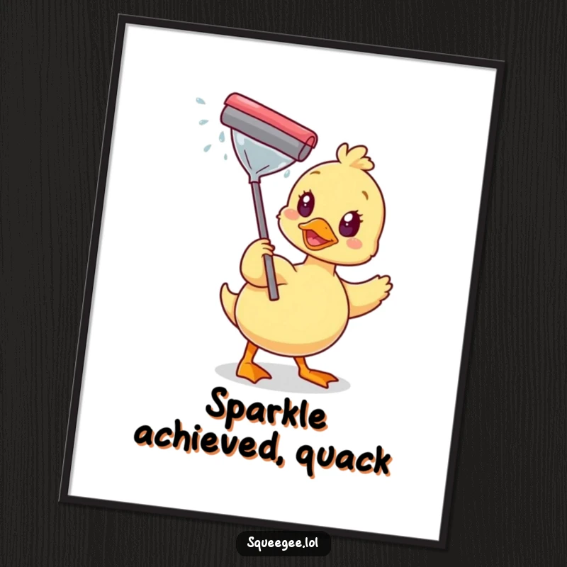 Funny digital art print of a happy duck wiping a sparkling window with a squeegee, perfect for instant sparkling decor.