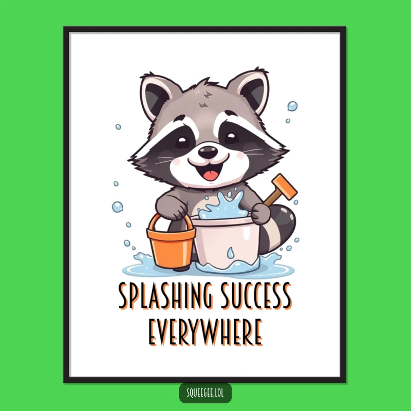 Funny Raccoon Cleaning Digital Art: Printable Wall Art, Hilarious Water Splatter Design, Instant Funny Gift