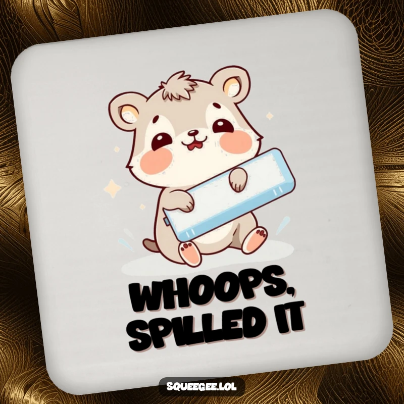 Funny animal comically slipping while holding a squeegee, protective coaster for a funny gift.