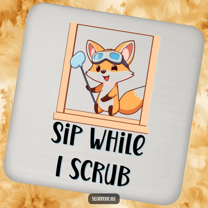 Funny Fox Coaster: A fox wearing goggles cleans a window with great effort, adding a humorous and protective element to your drink setup.