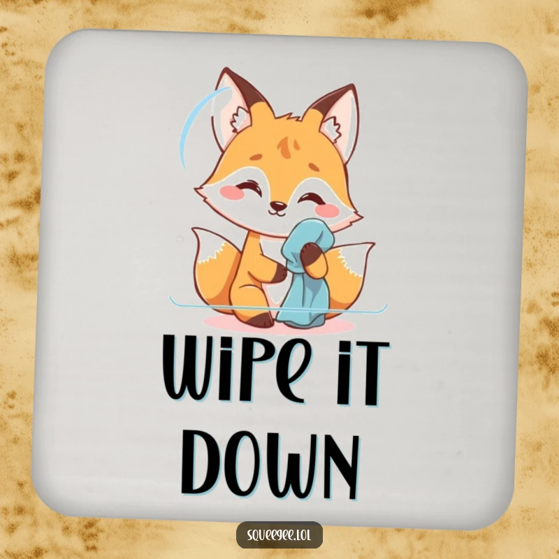 Funny fox polishing coaster, diligently cleaning, protecting your furniture with a humorous sparkle.