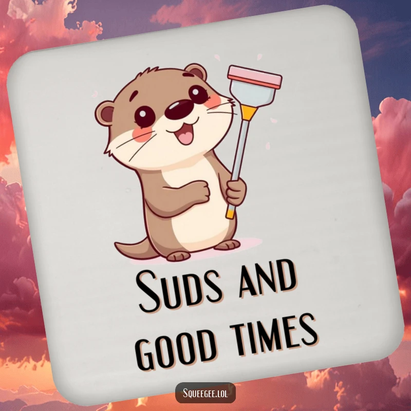 Funny happy otter with a squeegee, cleaning a window, a humorous and protective drink coaster.