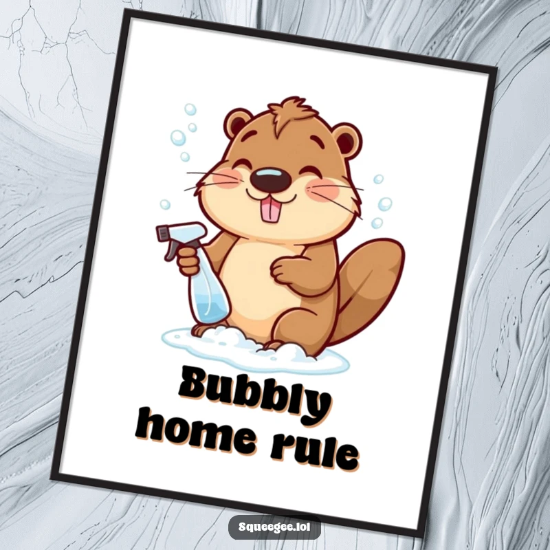 Funny cheerful beaver with a spray bottle, creating foamy bubbly suds, a vibrant and humorous wall art print.