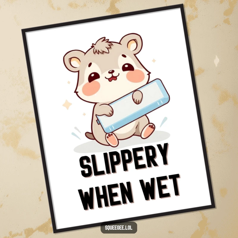 Funny animal comically slipping while holding a squeegee, poster showcasing a funny cleaning accident.