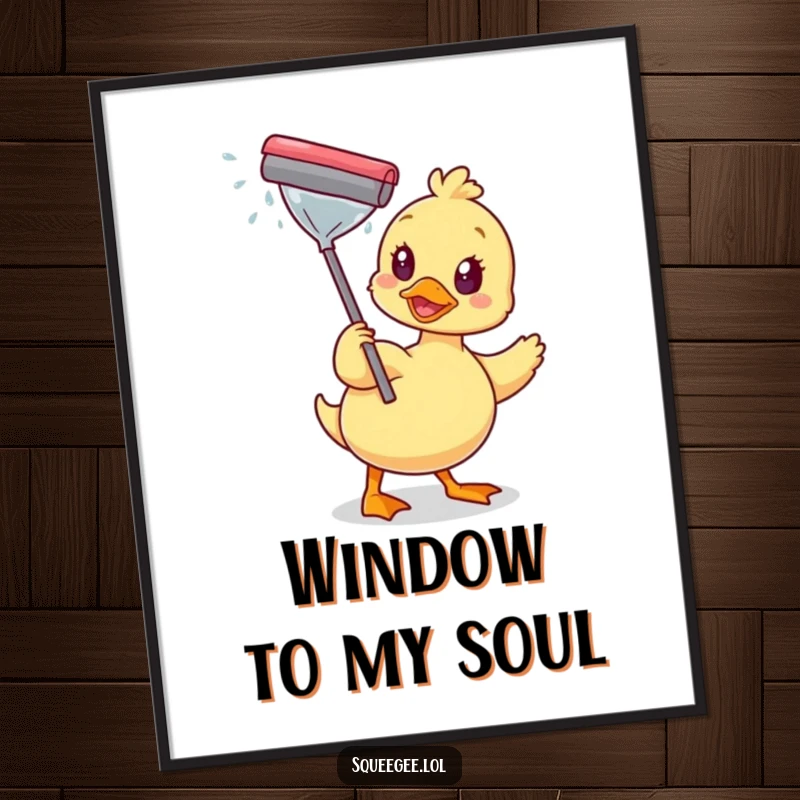 Funny poster depicting a happy duck diligently wiping a sparkling window with a squeegee, adding cheerful cleanliness to wall decor.