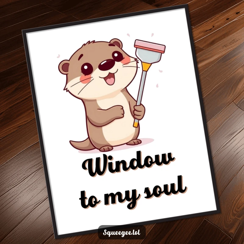Funny happy otter with a squeegee, enthusiastically cleaning a window, a vibrant and humorous wall art print.