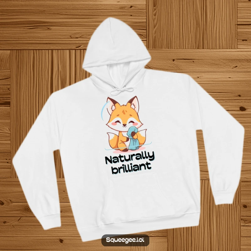 Funny fox hoodie, caught mid-polish on a glass surface, a cozy and humorous character devoted to shine.