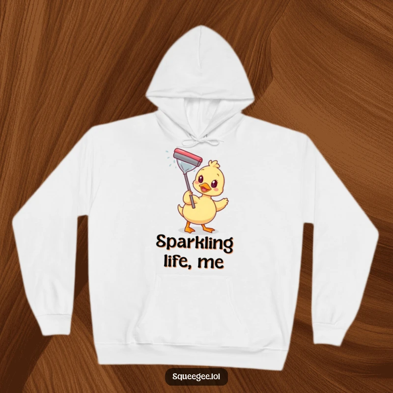 Funny hoodie featuring a happy duck wiping a sparkling window with a squeegee, perfect for cozying up with cleaning humor.