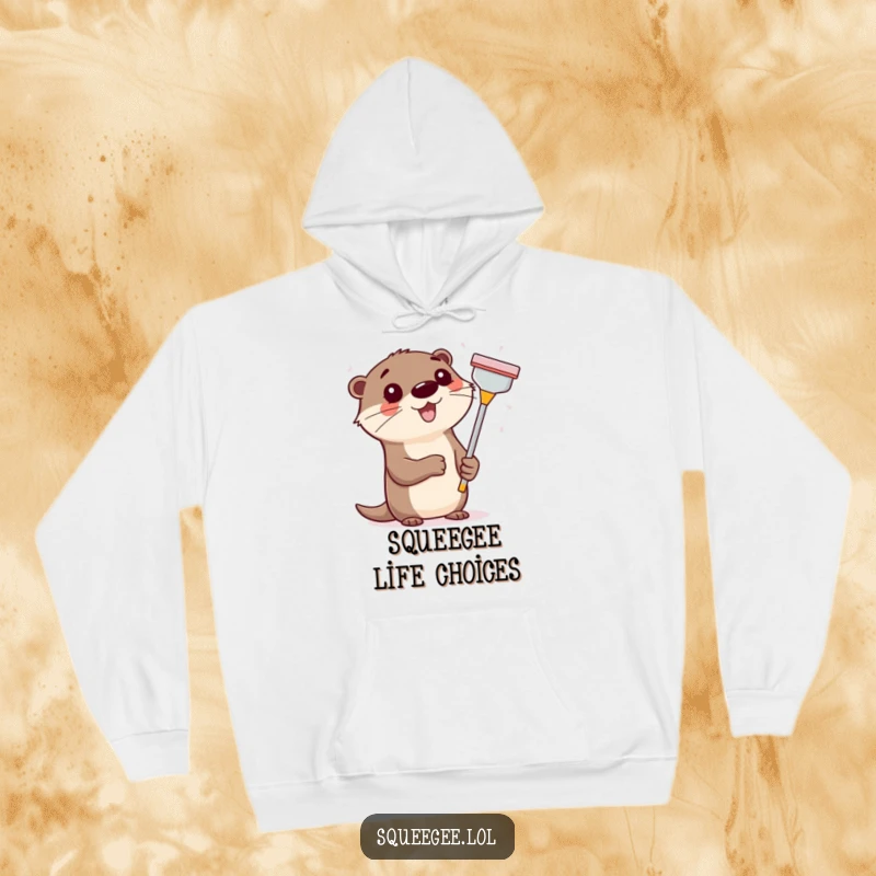Funny happy otter with a squeegee, diligently cleaning a window, a cozy and humorous hooded sweatshirt.