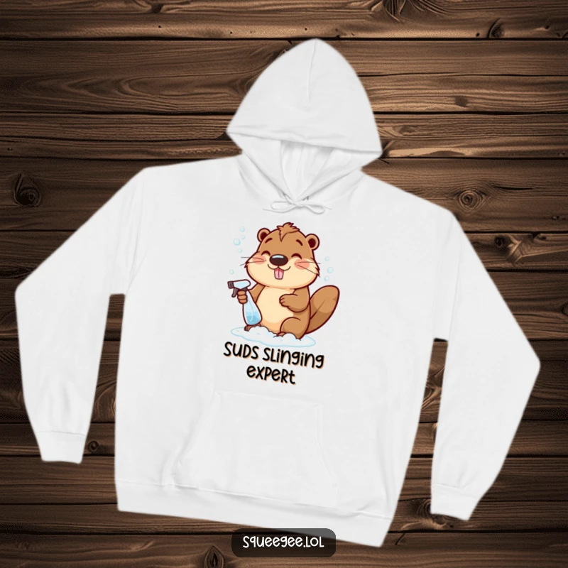 Funny cheerful beaver creating bubbly suds with a spray bottle, a cozy and humorous hooded sweatshirt.