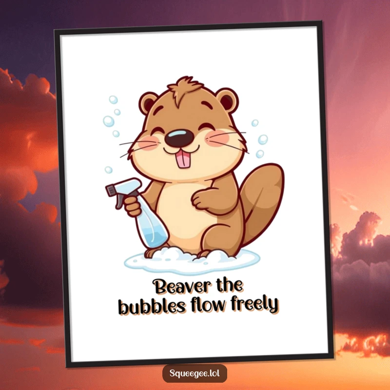 Funny Free Printable Wall Art: A cheerful beaver creating bubbly suds with a spray bottle, a fun 'Print at Home' piece.