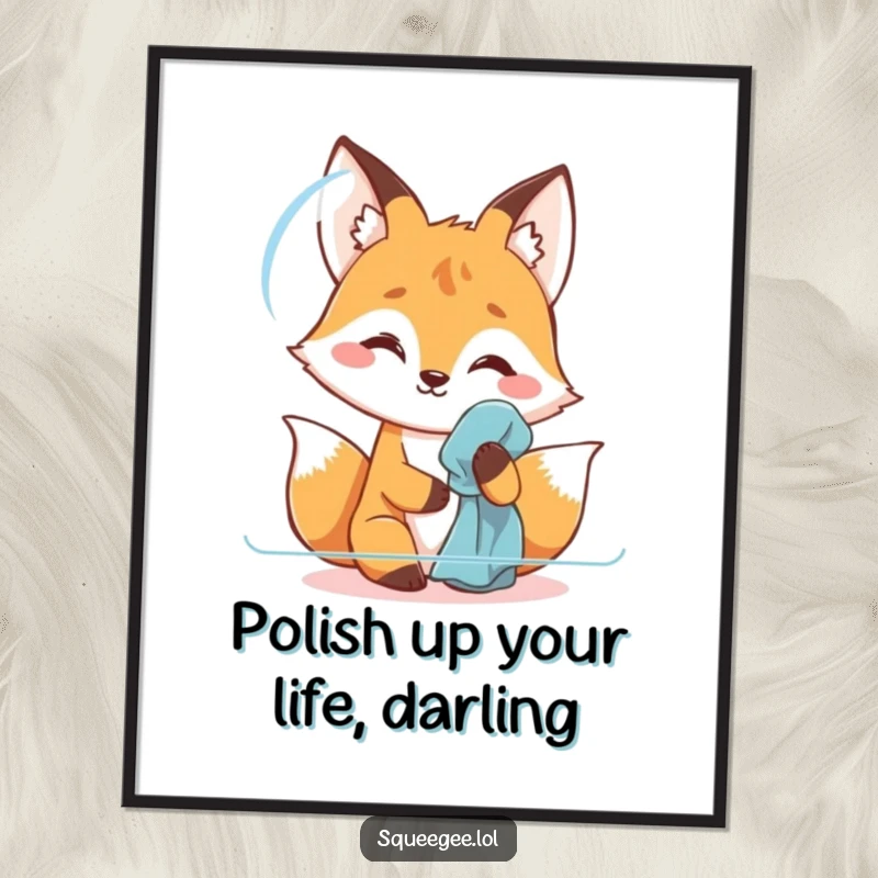 Funny Free Printable Fox Wall Art: A smiling fox meticulously polishing a glass surface, bringing a clean, comedic vibe to any room.