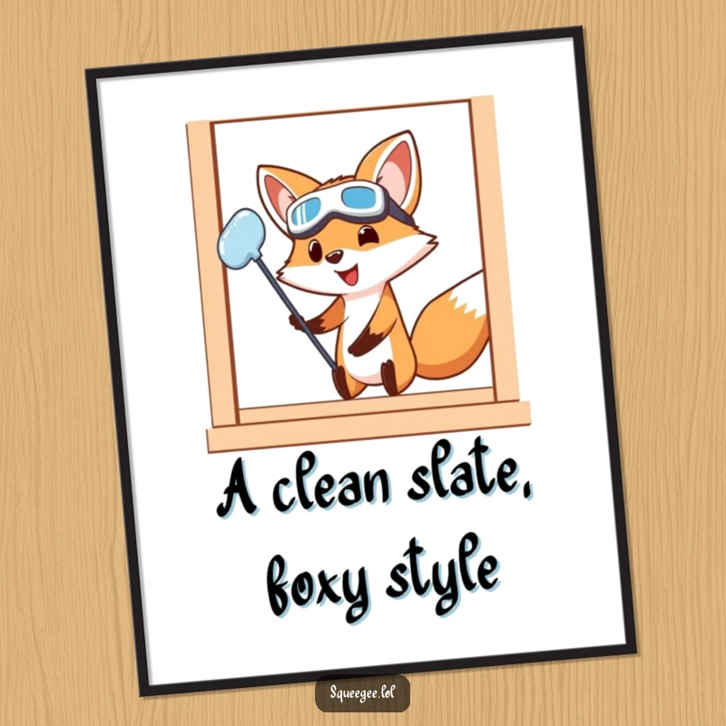 Funny Free Printable Wall Art: Fox wearing goggles, vigorously cleaning a window with effort, a clean and funny piece.