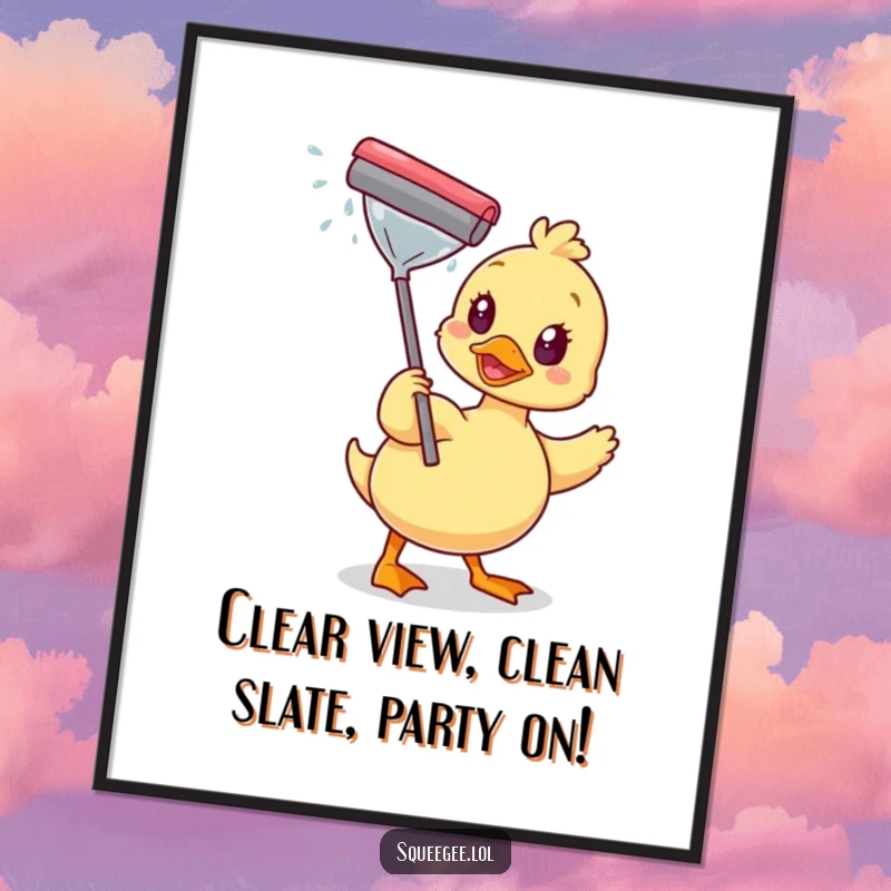 Funny Free Printable Wall Art: Cheerful duck with a squeegee, cleaning a window until it sparkles, bringing cleanliness vibes.