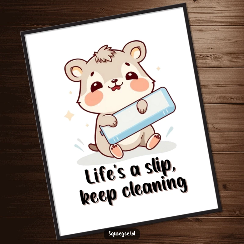 Funny Free Printable Wall Art: An animal comically slipping while holding a squeegee, a moment of pure chaos.