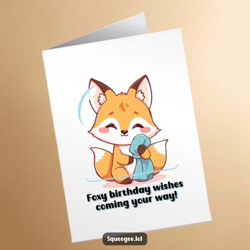 Funny Free Printable Fox Birthday Card: A cheerful fox meticulously polishing, ready to deliver birthday wishes with a smile.