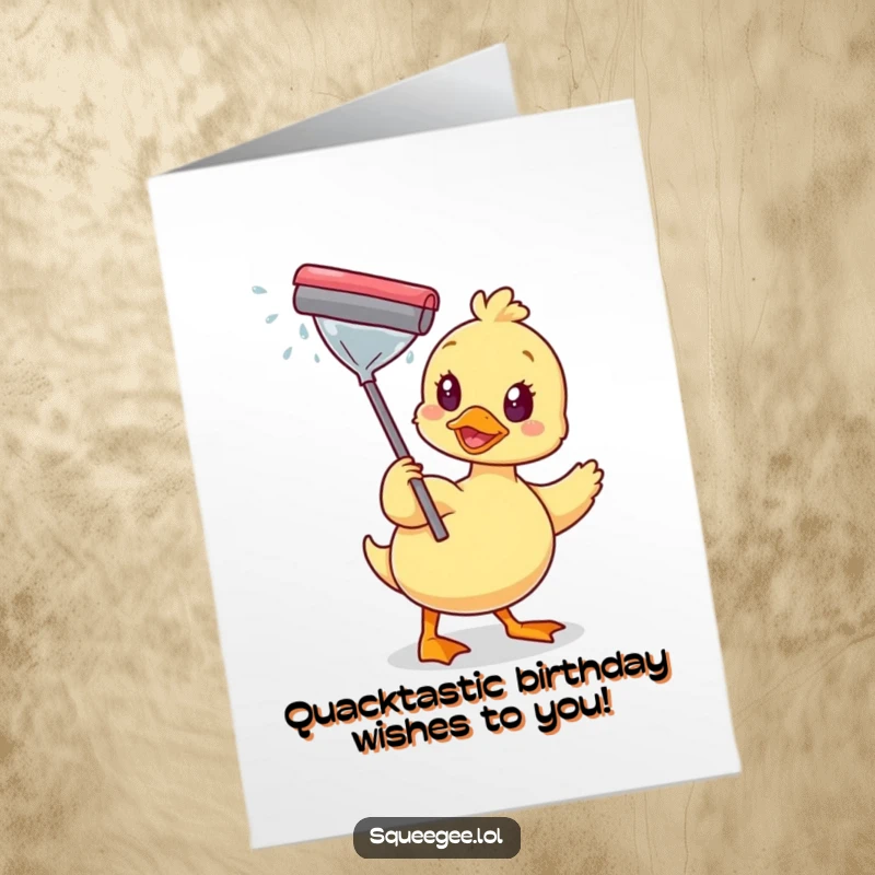 Funny Free Printable Birthday Card: Happy duck with a squeegee, gleefully wiping a window until it sparkles brightly.