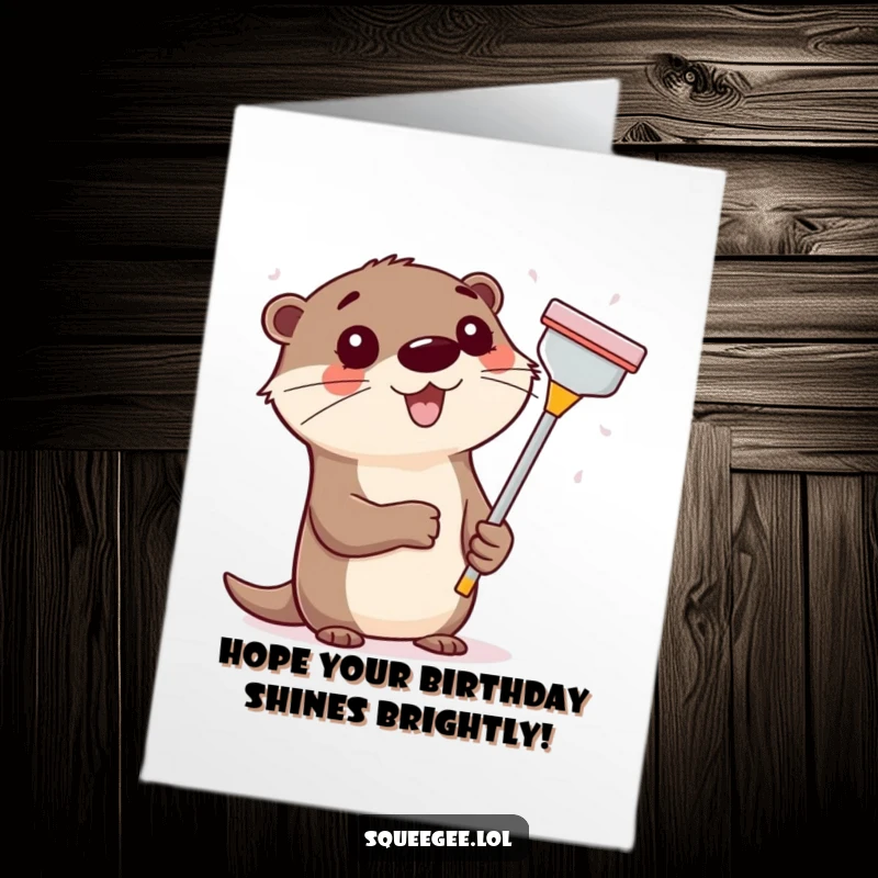 Funny Free Printable Birthday Card: Happy otter enthusiastically wiping a window with a squeegee, 'Print at Home' cheer.