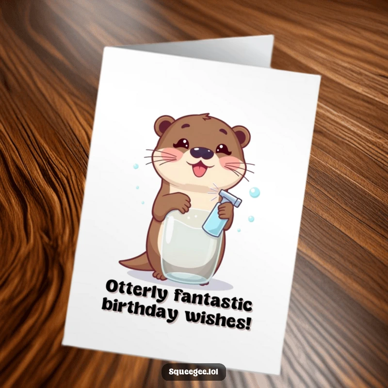 Funny Free Printable Birthday Card: Excited otter sprays glass, creating bubbly wishes for a happy celebration.