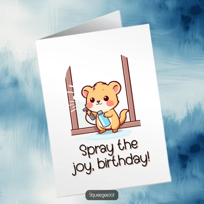 Funny Free Printable Birthday Card: Small animal happily spraying cleaning liquid onto a window, spreading cheer.
