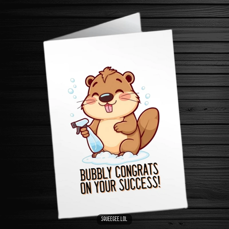 Funny Free Printable Congratulations Card: Cheerful beaver creating bubbly suds, celebrating success with 'Print at Home' flair.