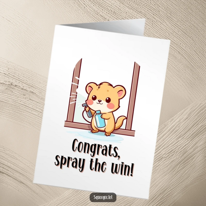 Funny Free Printable Congrats Card: Small animal happily spraying cleaning liquid onto a window, celebrating achievement.