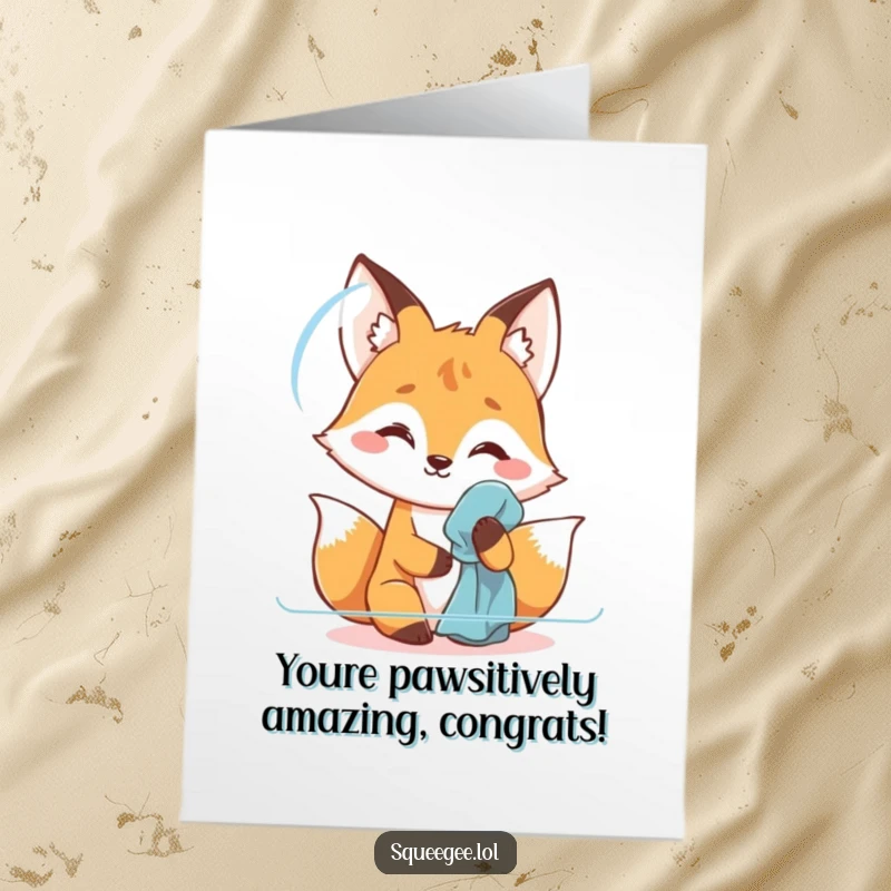 Funny Free Printable Fox Congratulations Card: A smiling fox polishing a surface, celebrating your awesome win with a witty, clean joke.